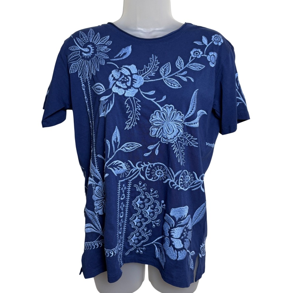 Johnny Was Blue Floral Short Sleeve Embroidered Crew Neck Top Blouse Womens XS